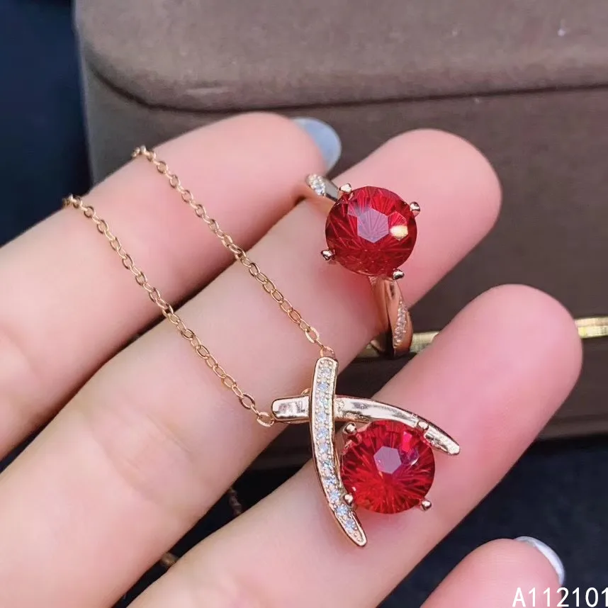 KJJEAXCMY Fine Jewelry 925 sterling silver inlaid natural red topaz new girl luxury pendant ring set support test hot selling