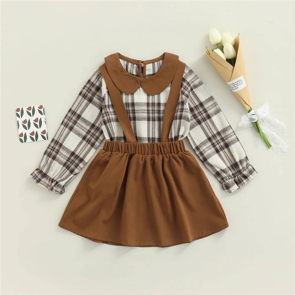 

2-7 Years Girls Children's Sets Toddler Doll Collar Long Sleeve Plaid Printed Tops Solid Color Suspender Skirt Spring Autumn
