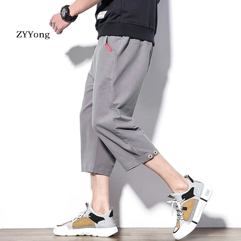 Новинка лета 2020 свободные мужские однотонные Удобные укороченные брюки большого