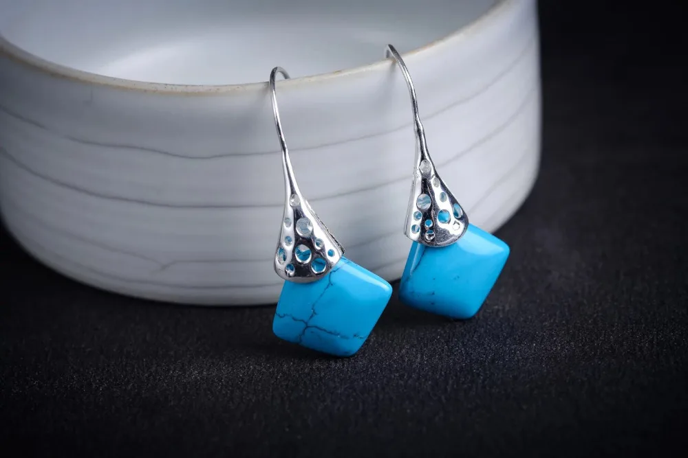 

fashion jewelry VINTAGE 925 SILVER MARCASITE DANGLE HOOK EARRING blue turquoise Brincos Ohrringe Sterling Silver Earring