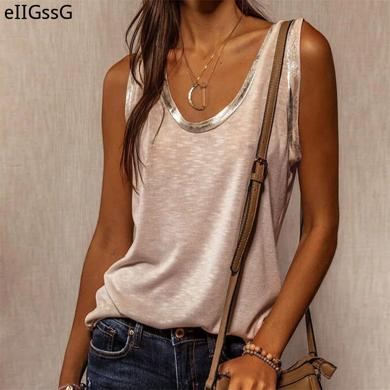 

2021 Summer Women's Stitching Tops Urban Casual Streetwear Contrasting Collar Wide Loose Vest Sleeveless Pullover Sexy T-shirt