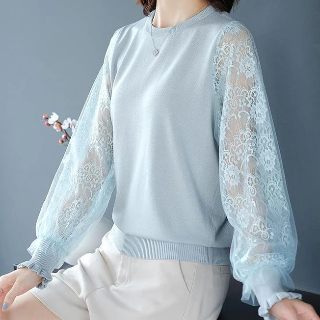 Autumn round neck pullover sweater women's lace sleeve knit sweater 2021 new women's long-sleeved thin shirt