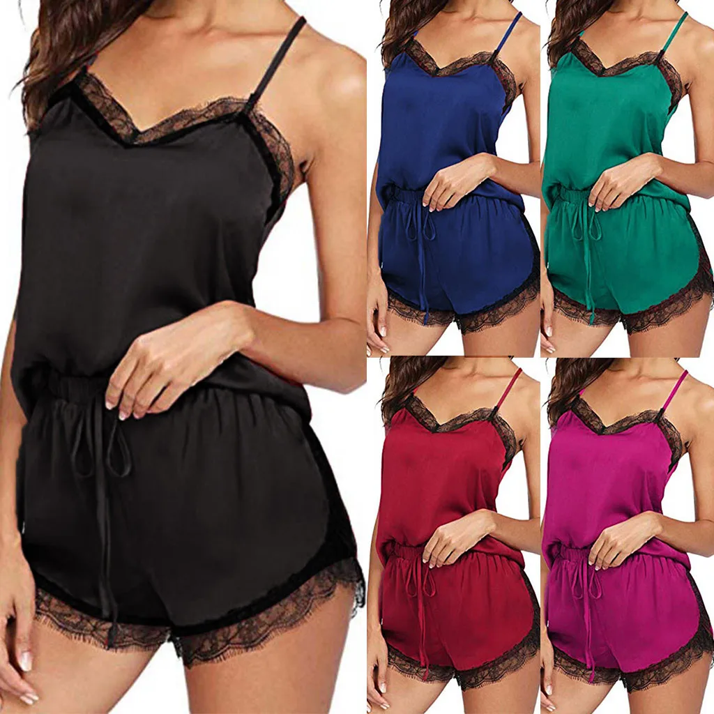 

2pcs Women's Pajamas Satin Sleepwear Female Short Set Pyjamas Sexy Nightwear Suit Sleeveless Tops Pants Pajama Lingerie Underwea