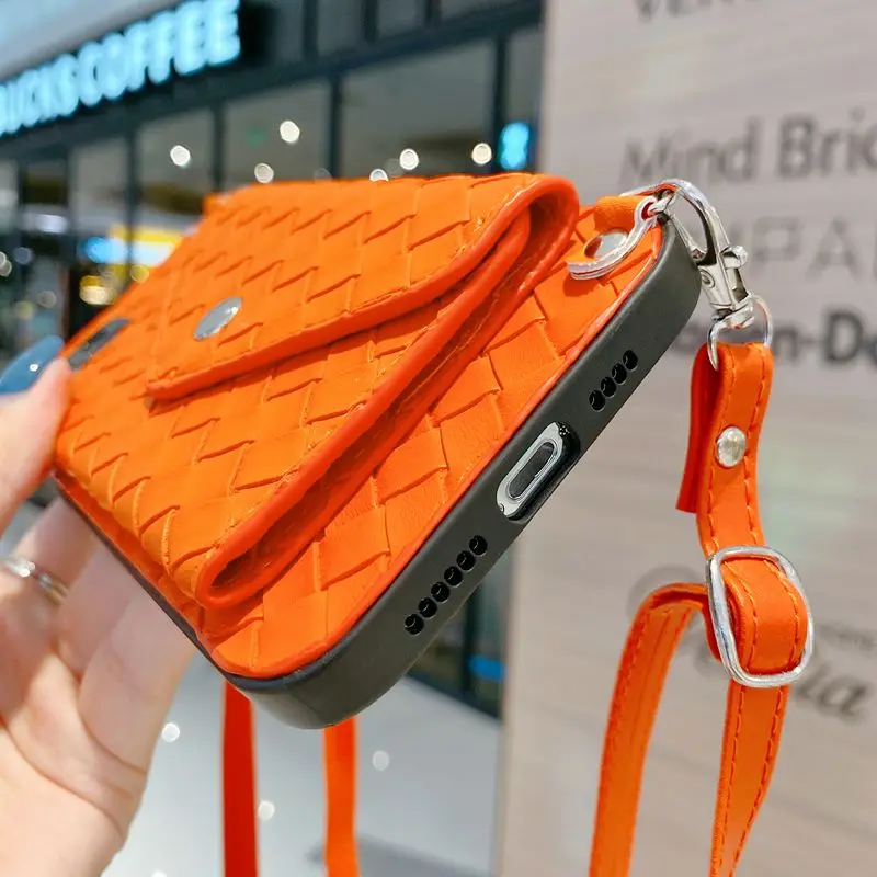 For iphone 14 13 12 11 pro xs max xr x 7 8 plus se 2020 Case Cover fashion Braided wallet card strap leather holder phone bag