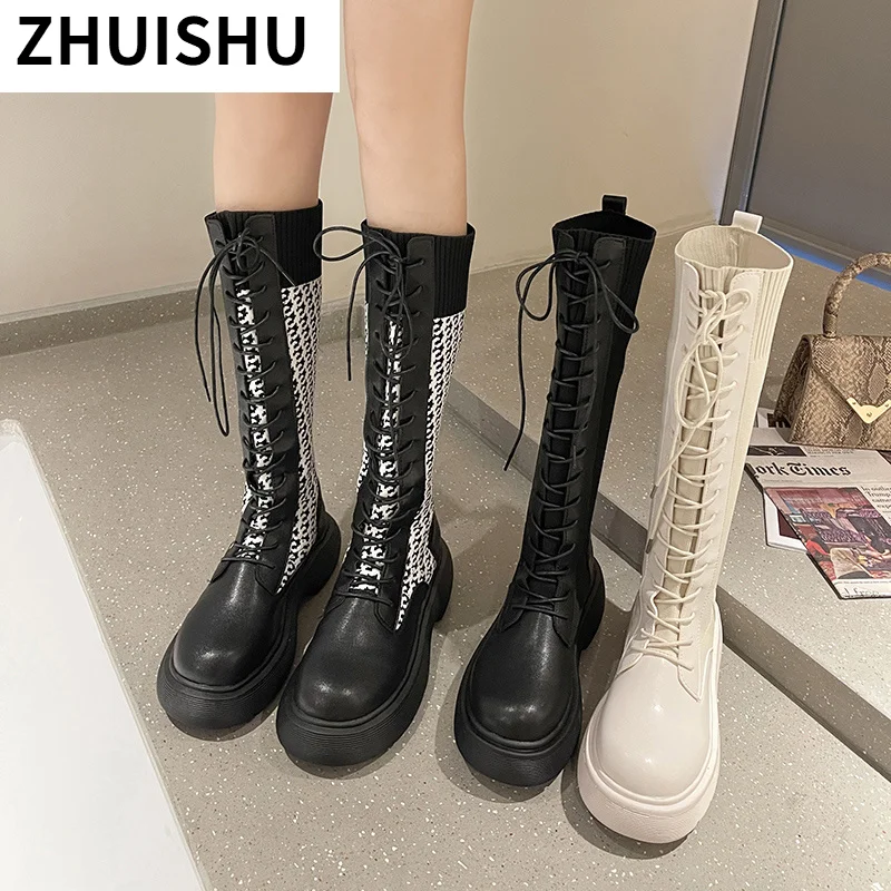 

Women Mid Calf Boots 2021 Autumn New Lace Up Fashion Comfortable Casual Pu Leather Platform Boots Women Non Slip High Boots