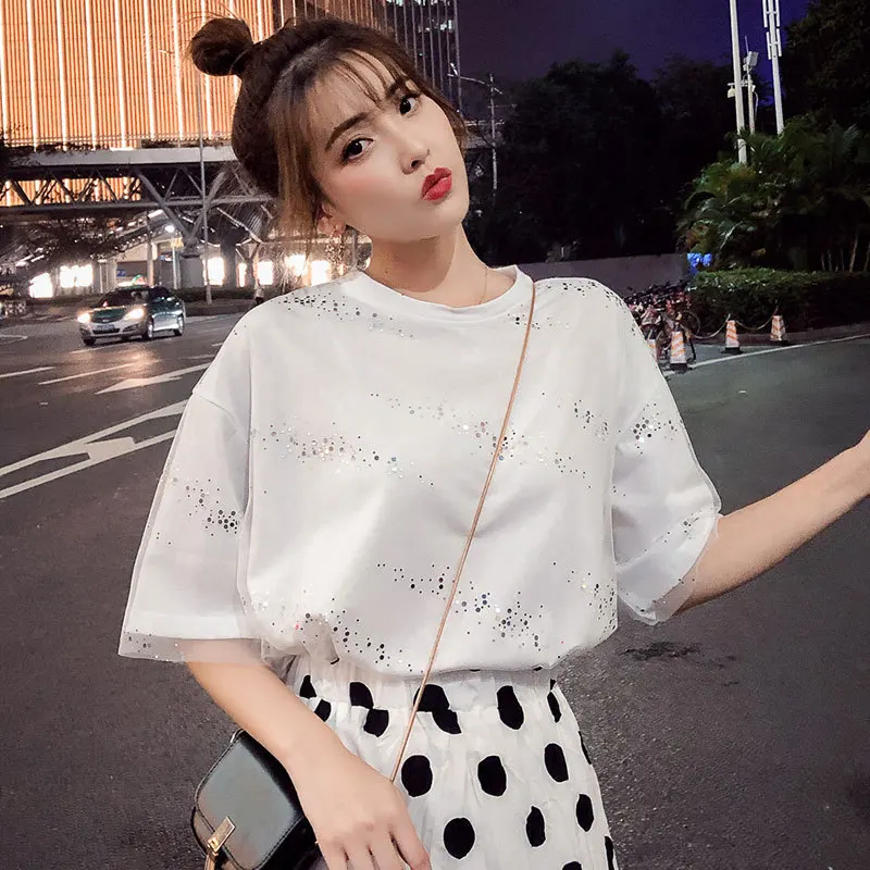 Женская футболка с коротким рукавом и круглым вырезом повседневная Блестящая в