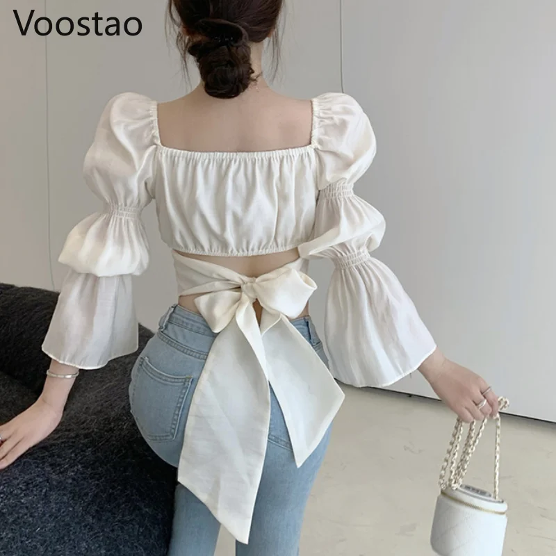 

Spring Autumn Women Elegant Sweet Puff Sleeve Princess Blouses Girl Square Collar Backless Bow Bandage Shirts Retro Blusas Mujer