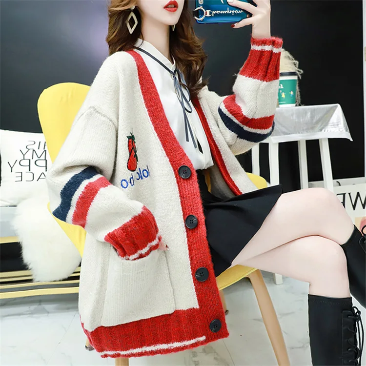 

Spring and autumn new thickened mid-length embroidery sequin strawberry sweater female cardigan loose lazy sweater jacket