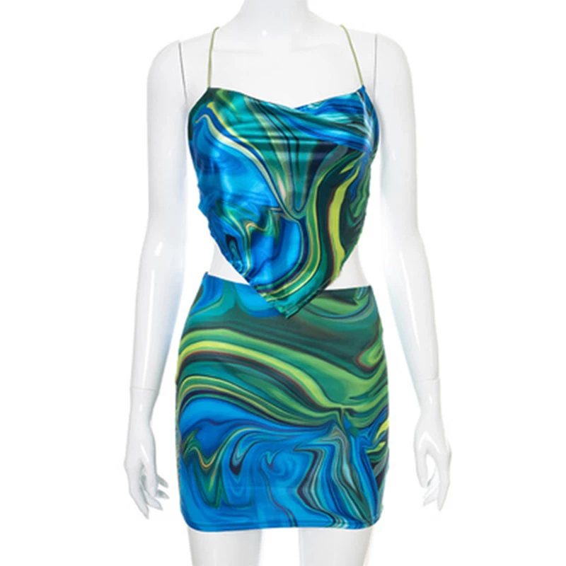 

2 Piece Sets Womens Outfits Summer Dress Tie Dye Print Spaghetti Strap Crop Tops + Mini Bag Hip Skirt Holiday Matching Set Suit