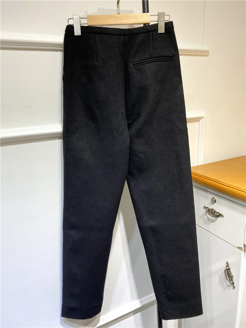 Women Woolen Straight Long Pants Lady High Waist Lady Zipper Casual Thick Trousers 2021 Autumn Winter