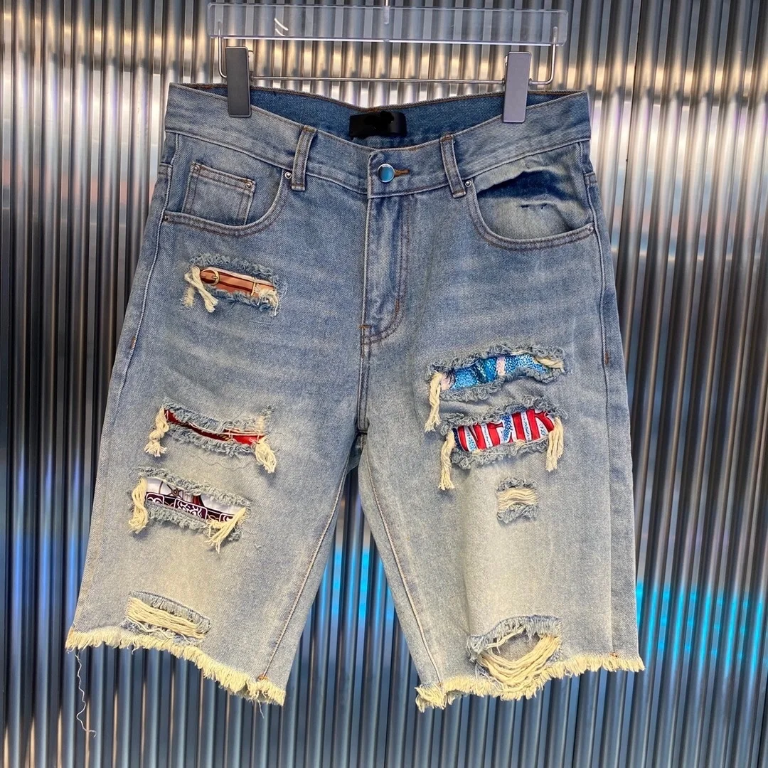 

new wash Summer do old hole patch color casual five pants shorts men High Quality jeans