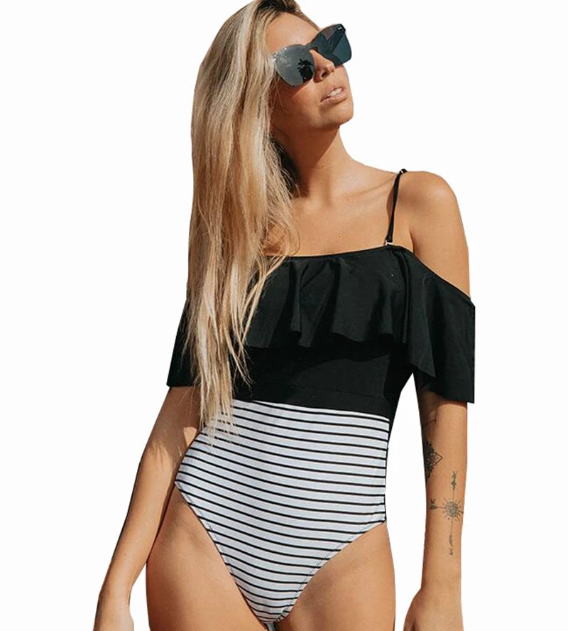 

One Piece Swimsuit Padded Swimwear Women One Shoulder Ruffle Mesh Bodysuits Bathing Suit High Waist Bikini 2020 Monokini Mujer