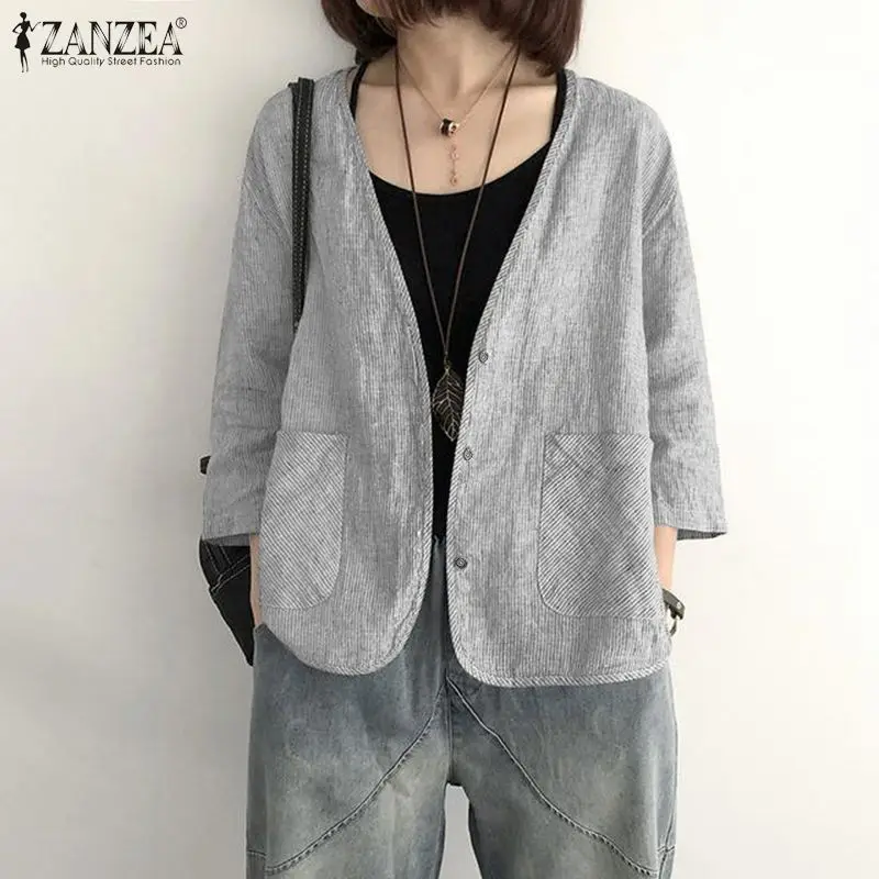 

Винтажная полосатая рубашка ZANZEA, Весенняя женская блузка с V-образным вырезом и рукавом 3/4, повседневные свободные топы, блузы на пуговицах, ...