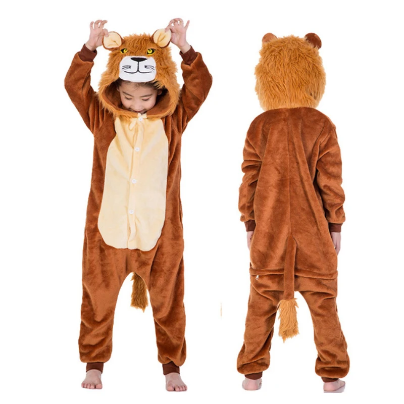 Lion Фланелевая Детская Пижама; комплект зимней одежды с капюшоном с изображением единорога, Пикачу, стежка; детские пижамы для мальчиков и девочек; одежда для сна; комбинезоны - Цвет: Lion