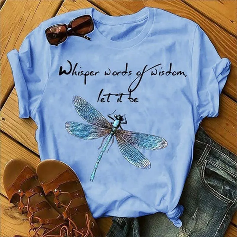 Женская модная повседневная Осенняя Футболка с принтом стрекозы и шепот слова