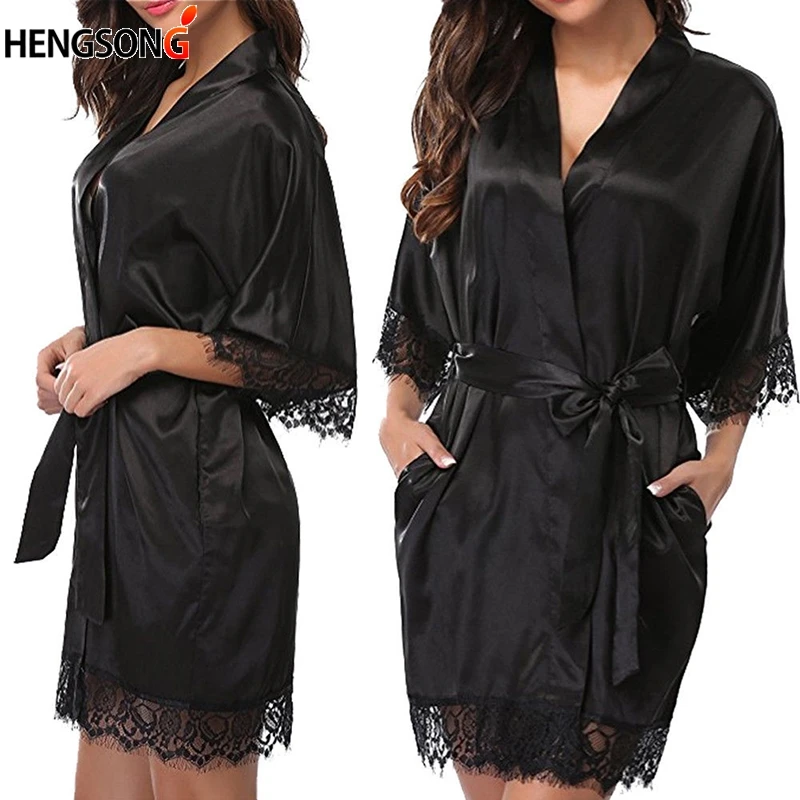 

2021 New Women Ladies Sleepwear Lace Half Sleeve Nightgowns Imitation Ice Silk Sleepwear Women Night Dresses With Belt