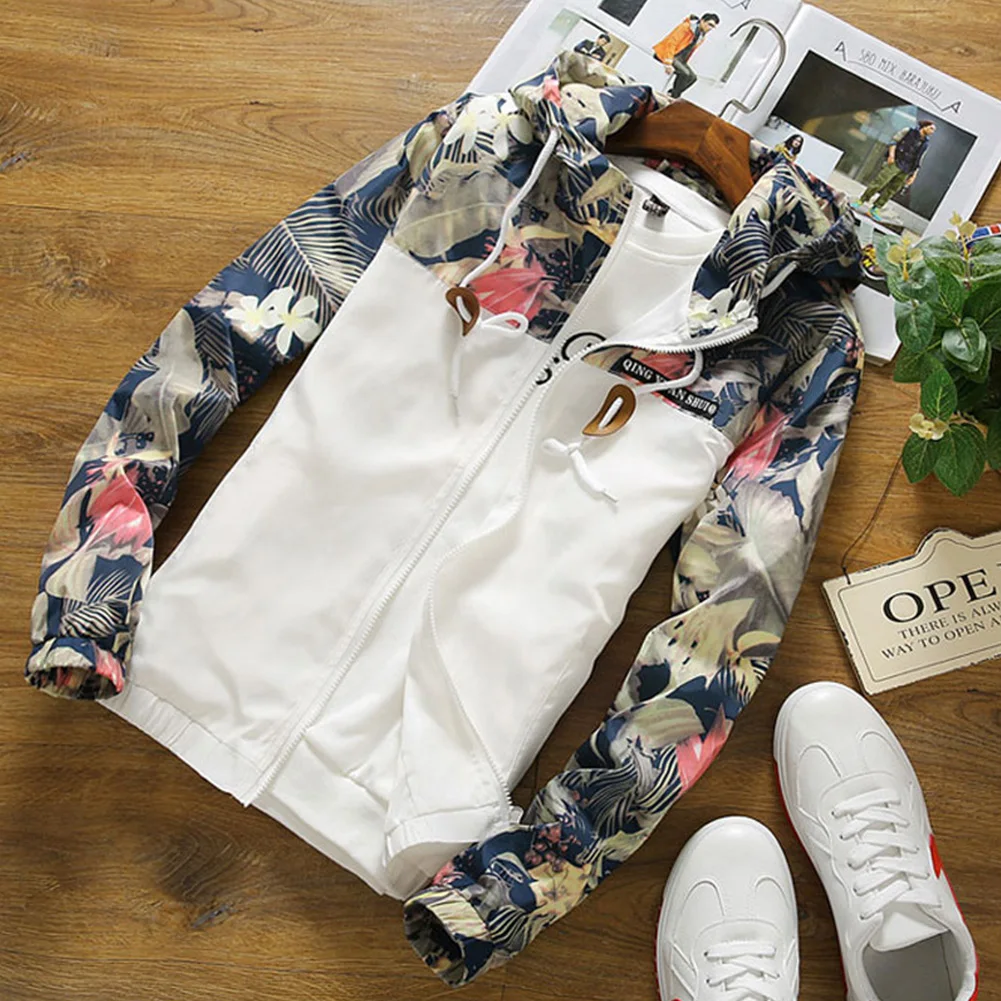 

Man Floral Coat Long Sleeve Outwear Windbreaker Zipper Spring Autumn Casual Slim Hooded Trendy