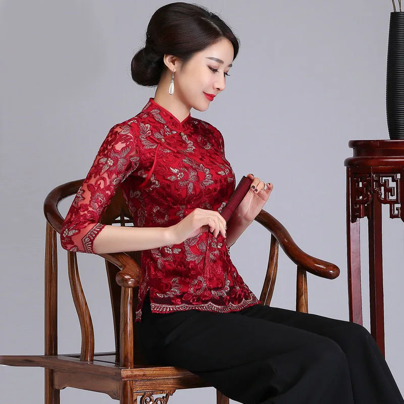 

Mandarin Collar Half Sleeve Floral Embroider Female Blusas Clothing Fashion Women T-shirt Autumn Tops Lace Casual Women's Shirt