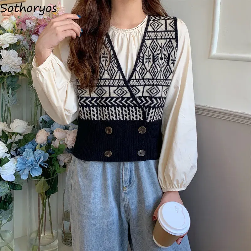 

Preppy Patchwork Sweater Vests Women V-neck All-match Cropped Simple Ins Chic Tender Knitwear Female Mature Sleeveless Outerwear