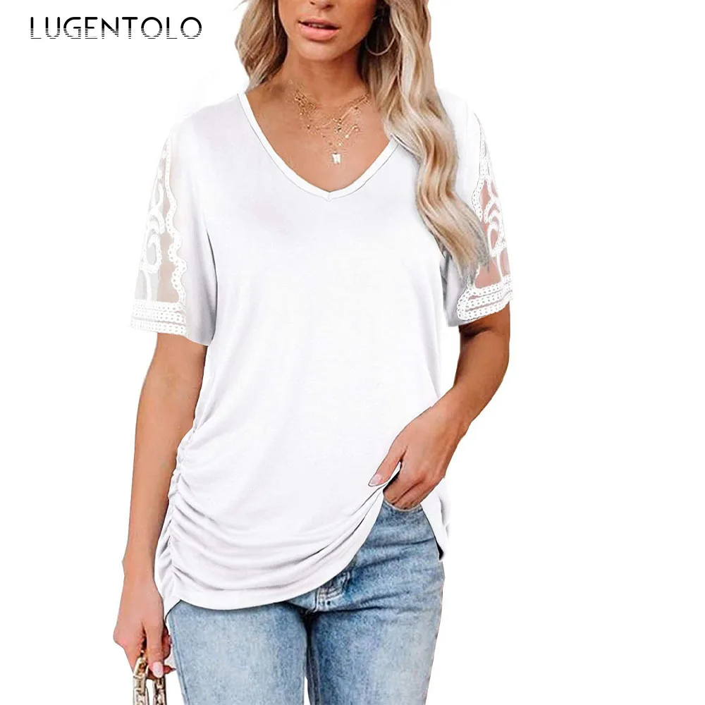 

Футболка Lugentolo женская с коротким рукавом, кружевной топ с V-образным вырезом, Тонкая Повседневная Простая рубашка свободного покроя, на лет...