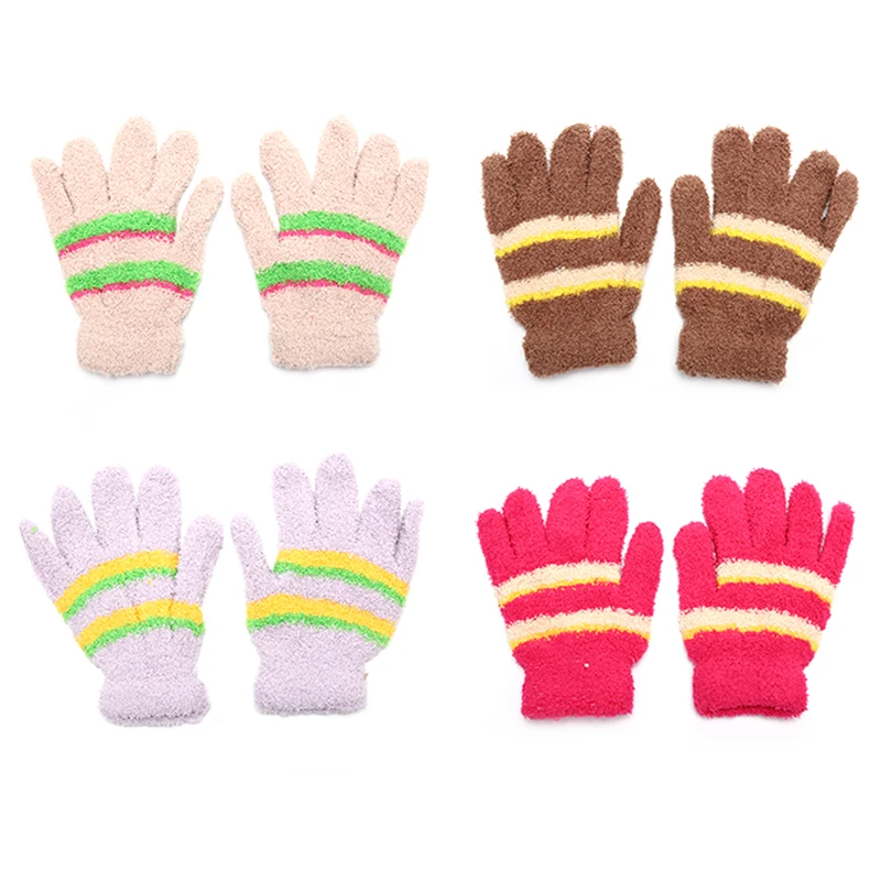 

Winter Warm Plush Gloves Coral Fleece Knitted Mittens Girls Soft Colorful Striped Full Finger Gloves