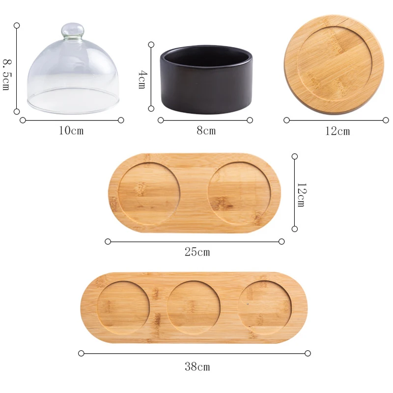 

Ceramic Dessert Fruits Salad Ice Cream Bowl Snack Plate Pudding Cup With Bamboo Wood Tray Glass Cover Home Creative Tableware