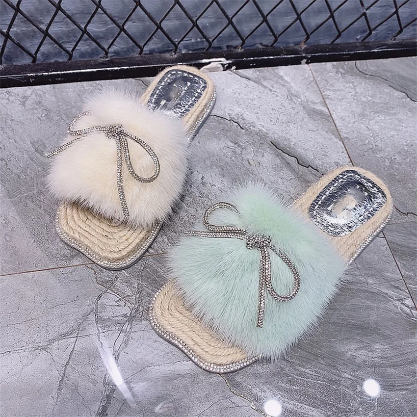

Шлепанцы Cooi Drag TIDE из норки с бриллиантами и бантом, женская летняя одежда, модная новинка 2021, сказочные шлепанцы с плоской подошвой