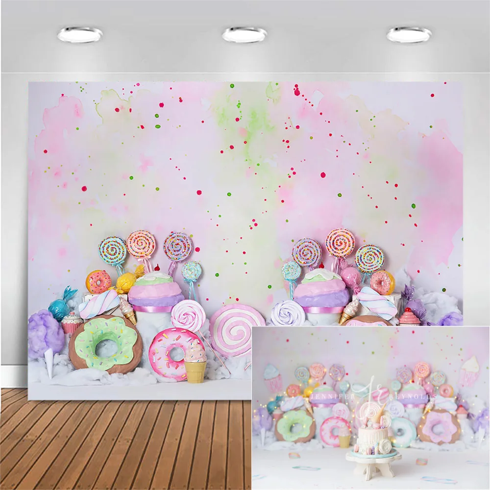 

Newborn Baby Shower Backdrop Photography Candy Lollipop Donuts Ice Cream Child Birthday Party Photo Background for Photo Studio