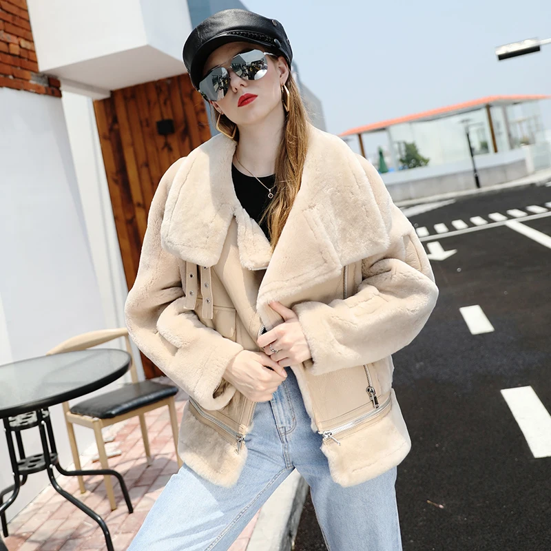 

MissJaneFur Genuine Sheepskin Coat Fur One Big Pocket Women Winter Double Face Shearling Jacket with Learther Liner S-XL
