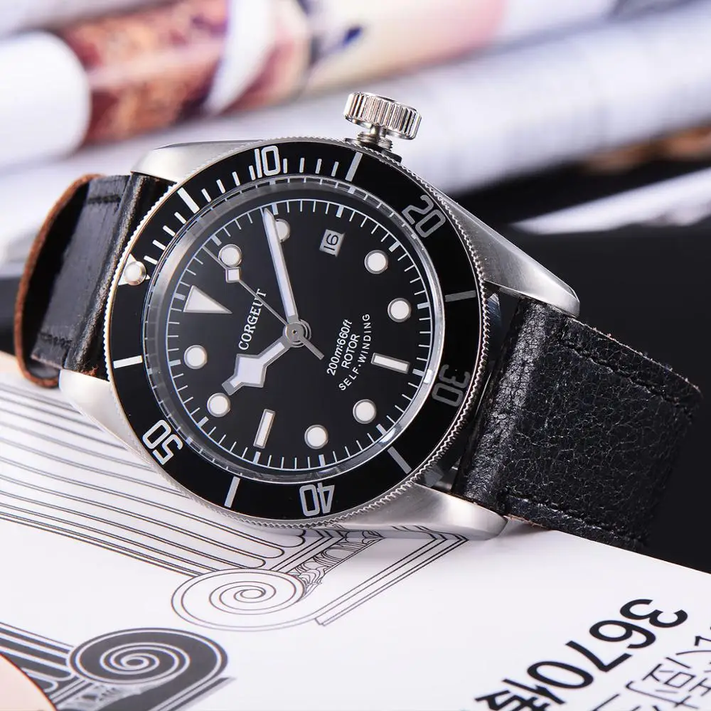 Мужские Водонепроницаемые механические часы с сапфировым стеклом и черным