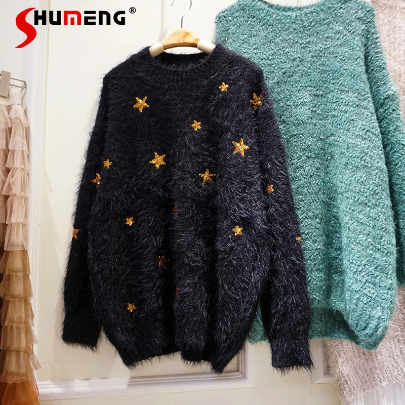 

Женский свитер из меха норки с длинным рукавом Новинка Осень-Зима вязаная одежда с круглым вырезом свободный облегающий Блестящий пуловер ...