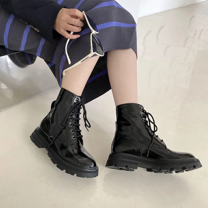 Jual Asumer Sepatu Kulit Asli Baru 2021 Sepatu Bot Pergelangan Kaki Wanita Sepatu Kasual Modis Ujung Bundar Berenda Sepatu Bot Platform Datar Wanita