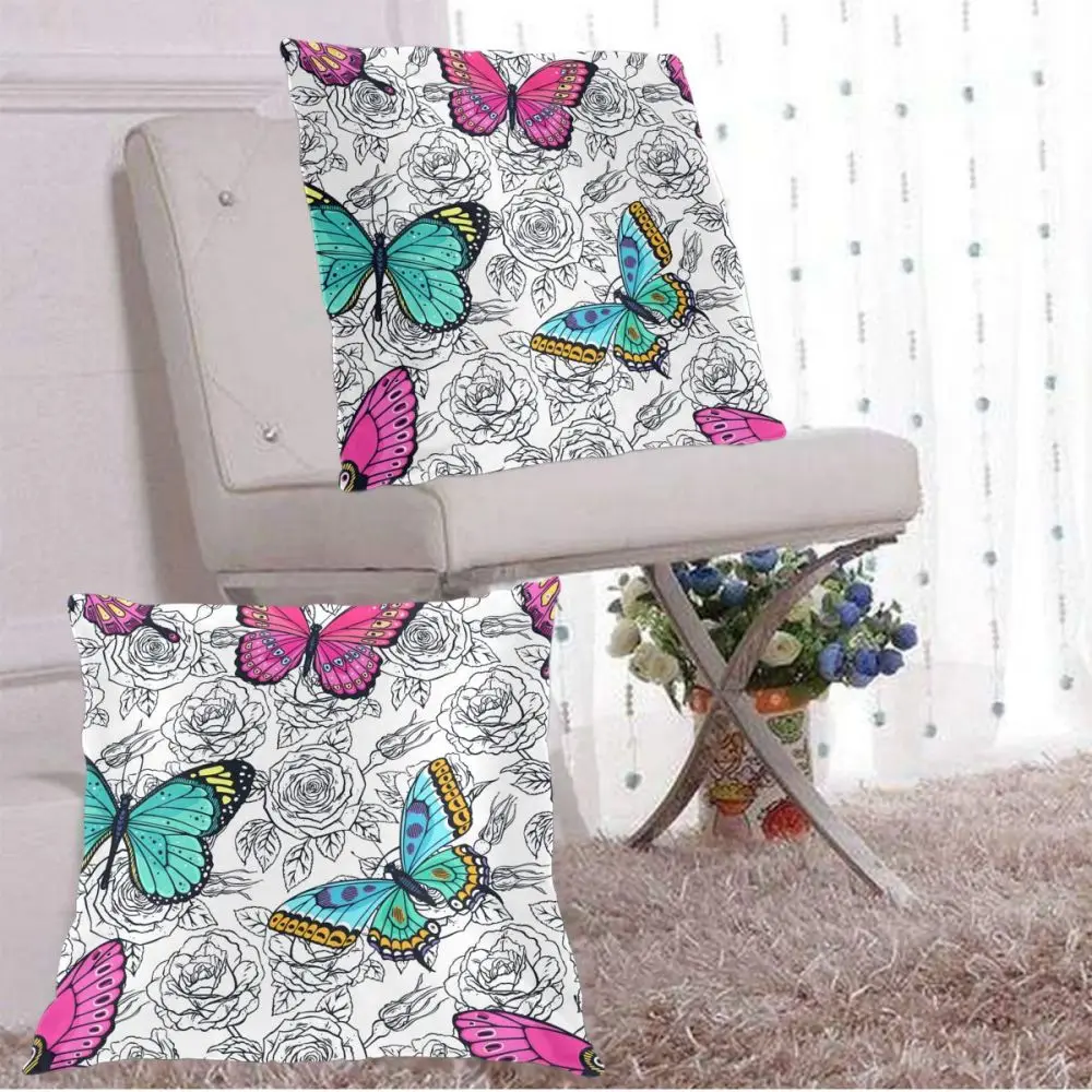 

Square Decorative Throw Pillows Hand Drawn Roses Butterflies Cushion Covers Cases Pillowcases Sofa Bedroom Car Chair 2 Pieces