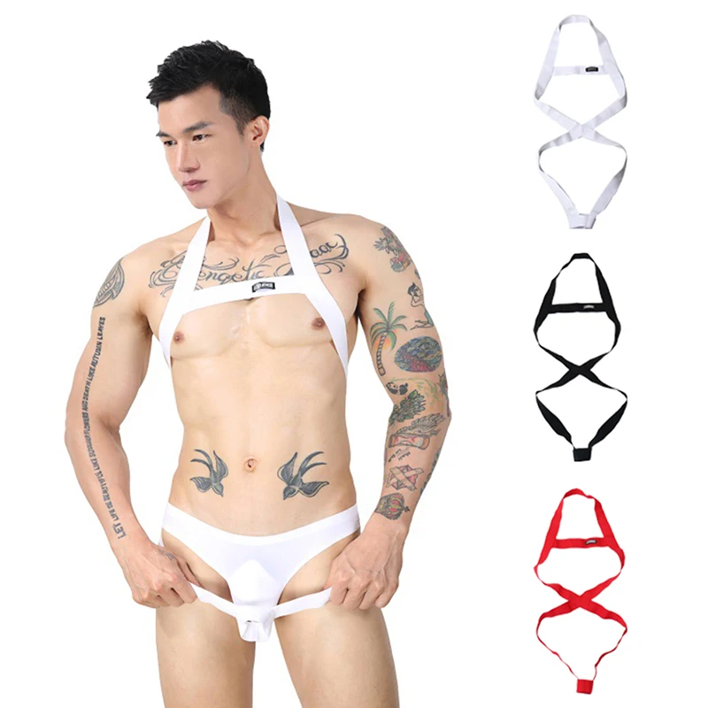 Мужское нижнее белье с лямкой на шее ажурное эластичное боди уплотнительным
