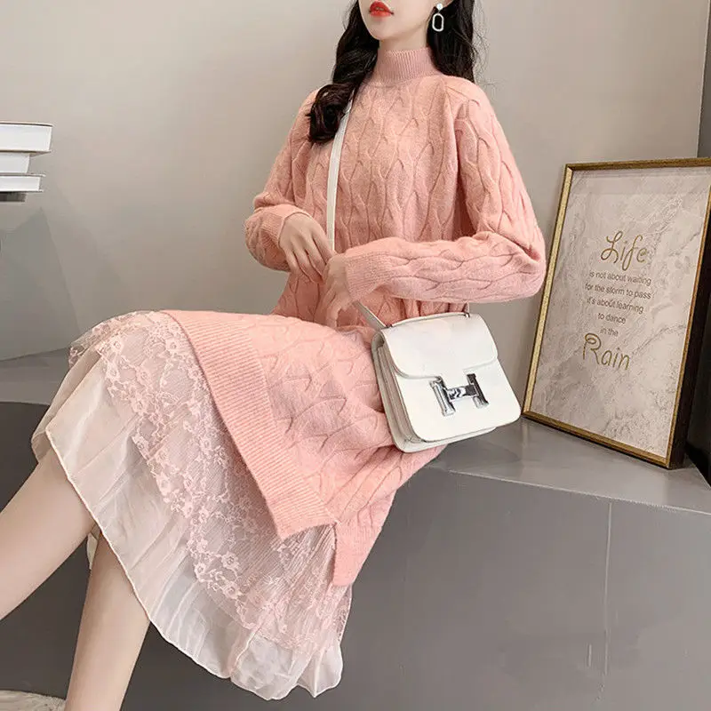 

Женское осенне-зимнее трикотажное платье-свитер с кружевом в стиле пэчворк 2021, женские прямые платья-пуловеры, повседневные платья-миди X391