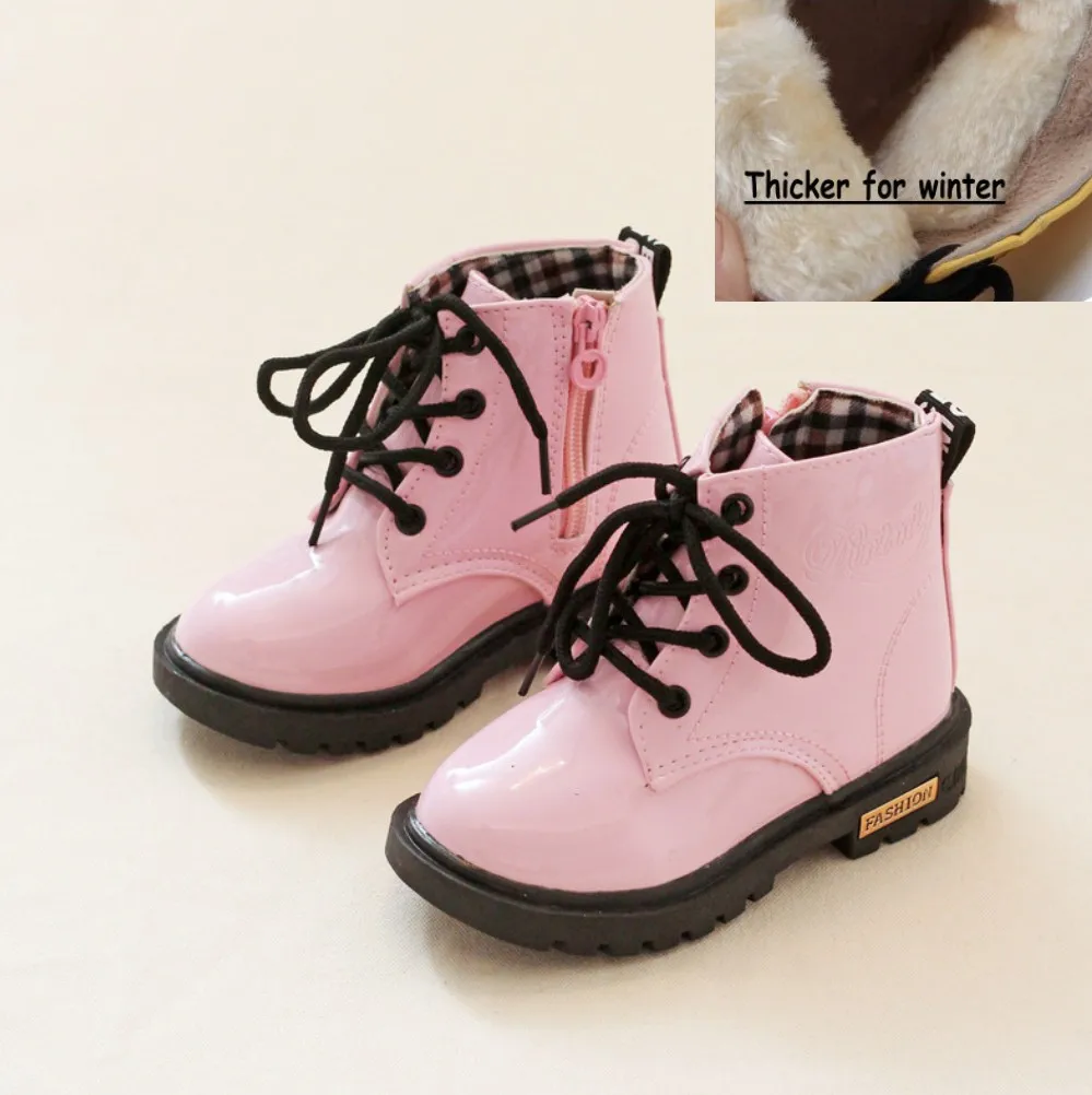 pink with fleece Новинка; зимняя детская обувь из искусственной кожи; водонепроницаемые ботинки martin; детские зимние ботинки; брендовые резиновые сапоги для мальчиков и девочек; модная обувь; S - Цвет: pink with fleece
