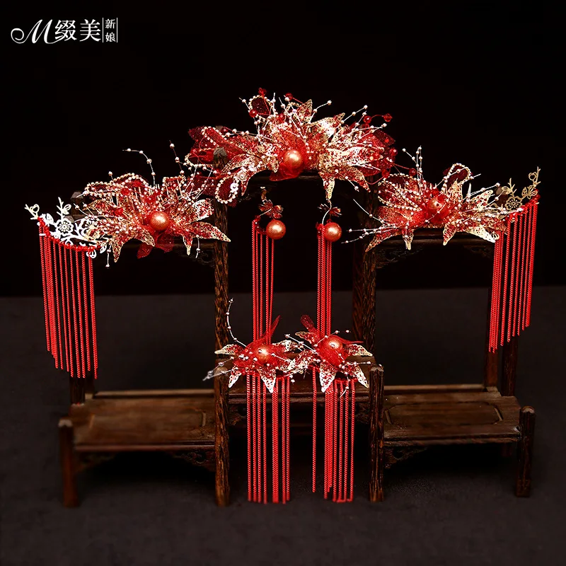 

beautiful red Bridal Head wear Red New Style Tassel Chinese tiara Wedding Hair Ornaments bride headband jewelry Wholesale