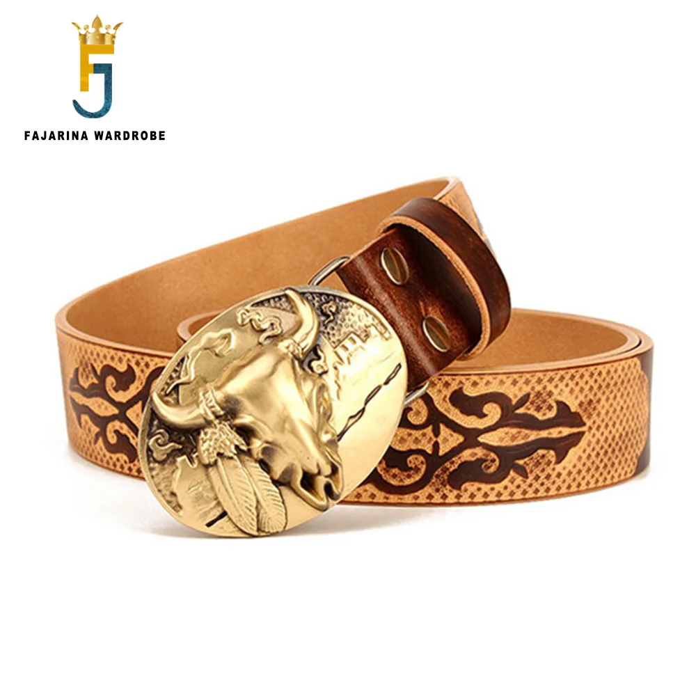 Ремень FAJARINA мужской из воловьей кожи латунный пояс с пряжкой в форме головы