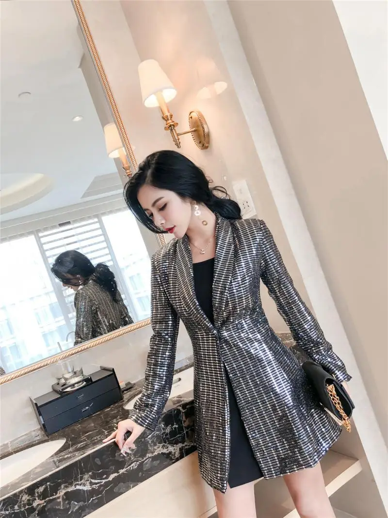 Новинка женское длинное пальто с золотыми блестками модная уличная одежда на