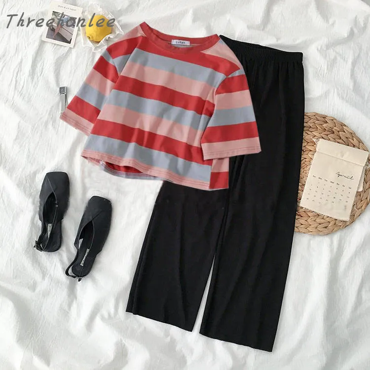 2021 Summer Women Casual Two Piece Sets New Streetwear Chic Short Sleeve Striped T-Shirt And Pants Female Loose Suits