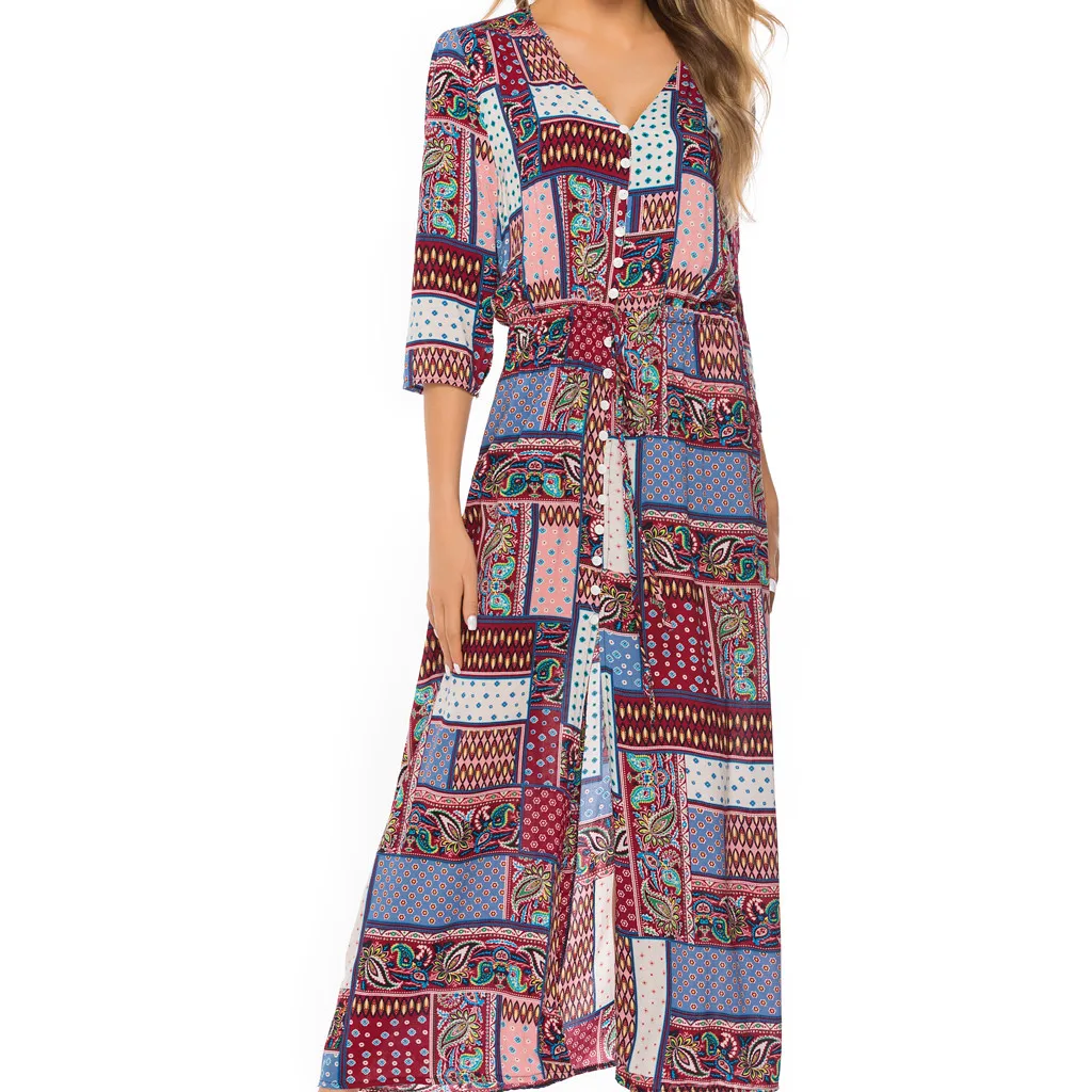 Женское богемное платье с поясом винтажное пляжное V образным вырезом