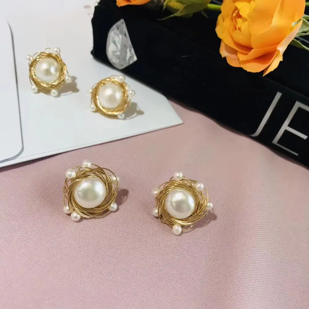 

ANI 14K Roll Gold Women Stud Earring Freshwater White Pearl oorbellen Roll Gold boucle d oreille Fashion Design Handmade Jewelry