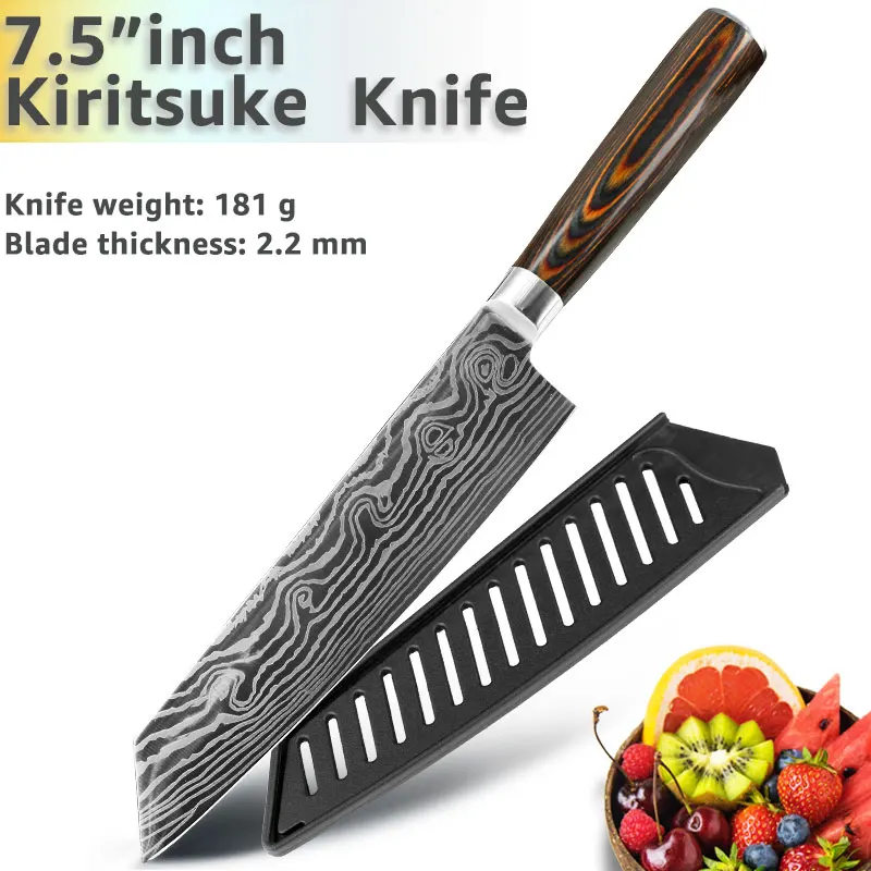 7.5inch Kiritsuke Кухонный нож 8 дюймов, японские ножи шеф-повара 7CR17 440C из высокоуглеродистой нержавеющей стали, дамасский чертежный универсальный набор сантоку, Кливер - Цвет: 7.5inch Kiritsuke