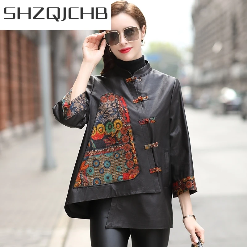 

JCHB 2021 Womens Vintage Casual Real Leather Jacket Spring New Fashion Short Sheepskin Spliced Coat Street Loose Fit Irregular O