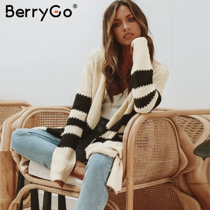 BerryGo винтажный полосатый вязаный кардиган для женщин 2019 осень зима длинный