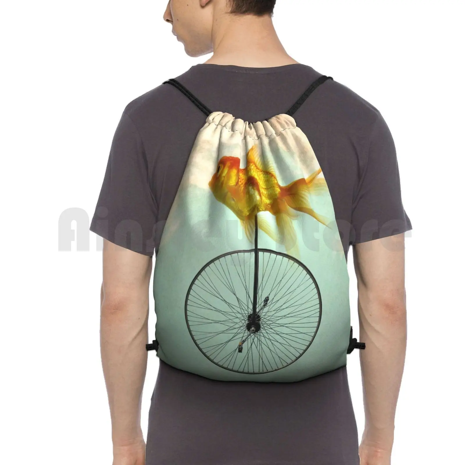 

Unicycle Goldfish Backpack Drawstring Bag Riding Climbing Gym Bag Uni Unicycle Bike Goldfish Disguised Shark Teal Orange