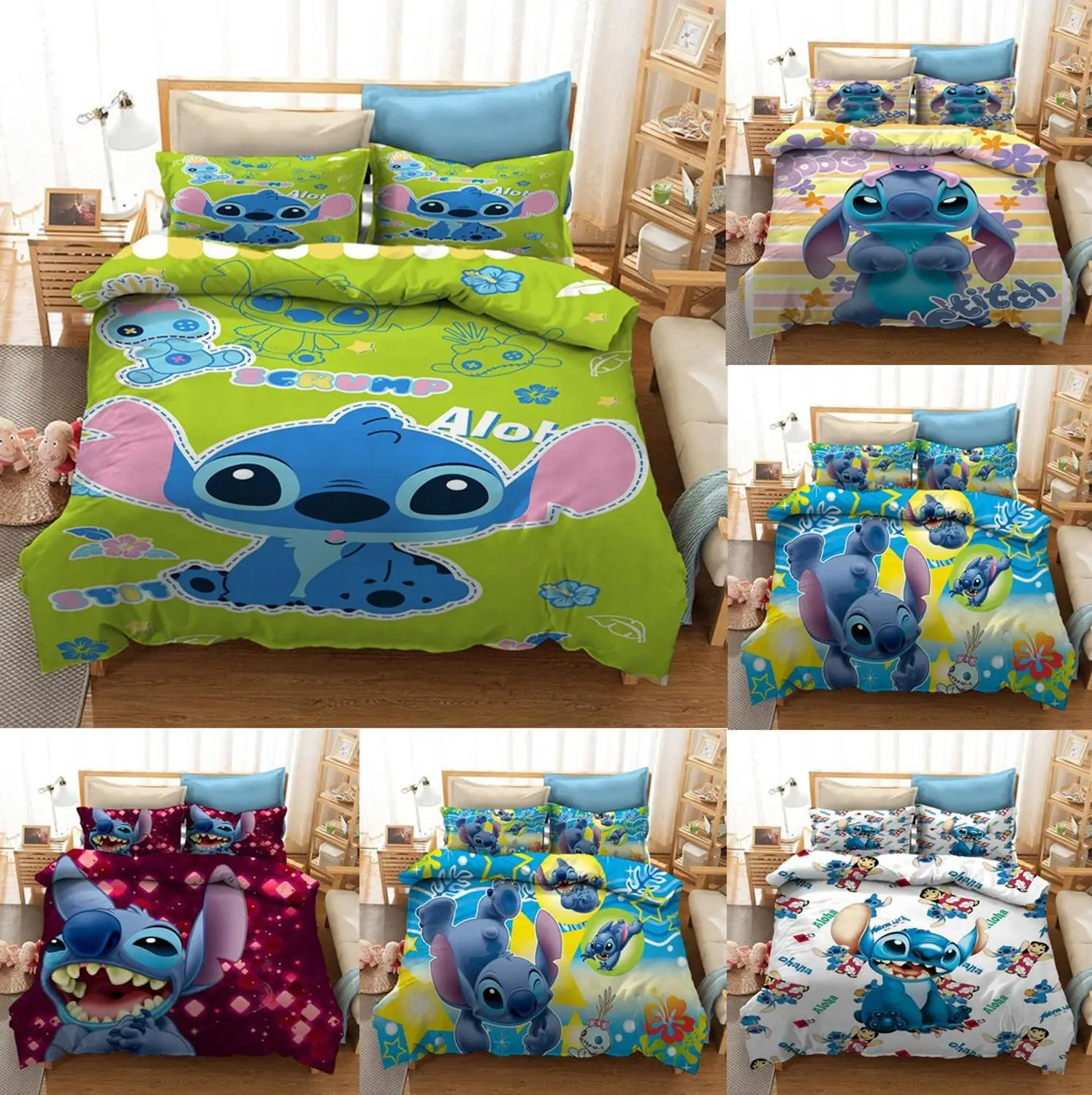 

Disney 3D Lilo & Stitch Cartoon Bedding Set Green and Red Duvet Quilt Cover Pillowcase Children's Deluxe Bedroom Decoration