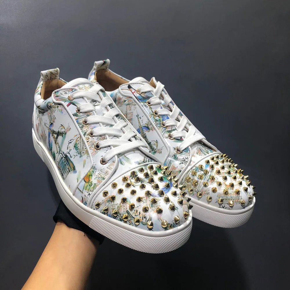 

High Quality Low Cut Red Bottom Shoes Luxury Real Leather Graffiti Toe Cap Gold Rivets Men Shoes Casual Women Shoes Loafers Punk