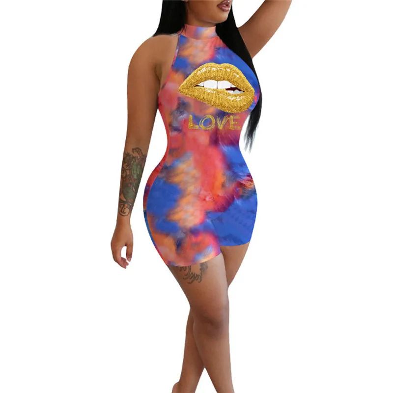 

CHRONSTYLE Sexy Women Sleeveless Turtleneck Lips Print Jumpsuit Playsuit 2020 New Tie Dyeing Bodycon Summer Rompers Biker Shorts