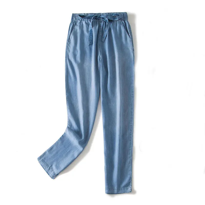 

2020 Summer New Artistic Large Size Ice Silk Thin Jeans Pure Color All-Matching Elastic Lace Cropped Harem Pants